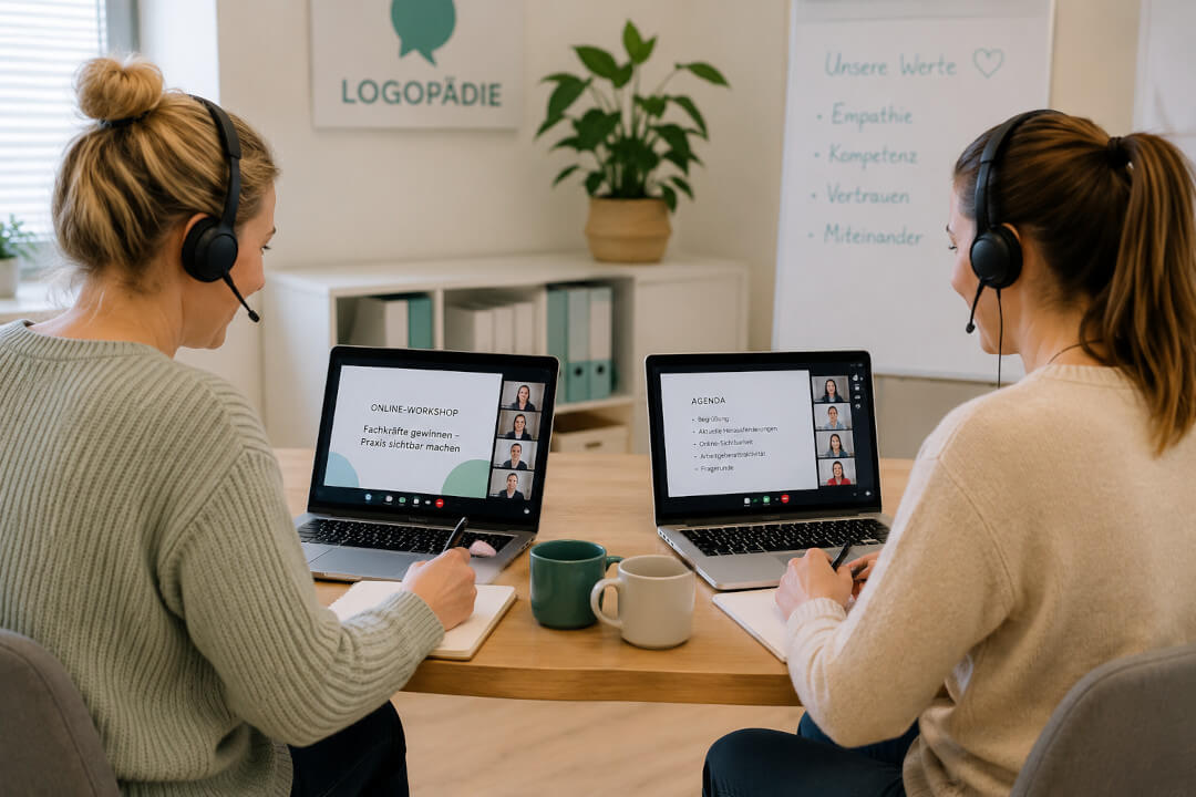 Zwei Logop&auml;dinnen sitzen f&uuml;r einen Online-Workshop am Laptop