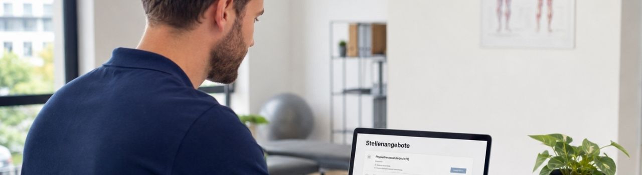 Physiotherapeut Jobsuche Physiotherapeut sitzt vor dem Laptop und sucht einen neuen Job
